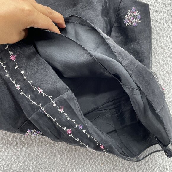 Vintage 90s Y2K BCBG Top S Black Embroidered Flowers Goth Grunge Sheer Square - Picture 5 of 10